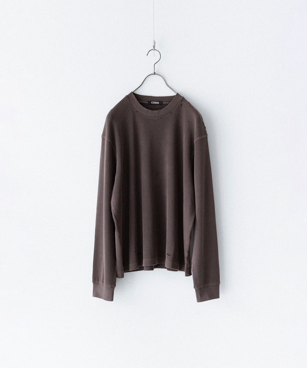 CODA / コーダ】FADED GREY AGING DAMAGED LONG SLEEVE WAFFLE TOPS