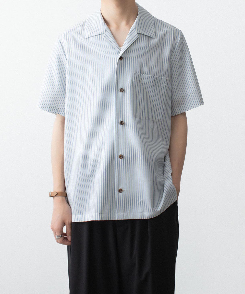 ATTACHMENT /アタッチメント】WO/PE STRIPE OPEN COLLAR S/S SHIRT - S