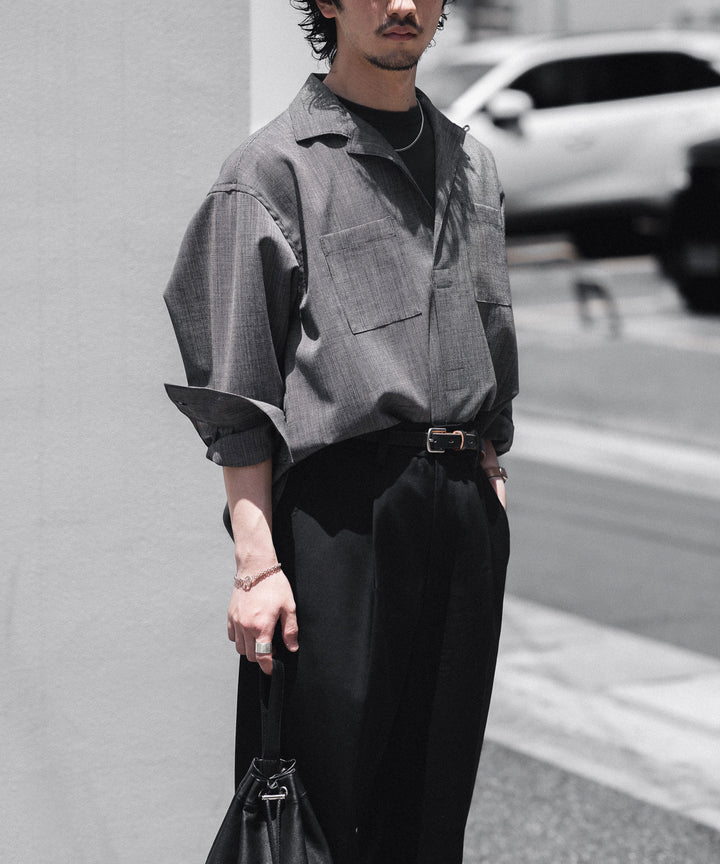 INTÉRIM - インテリムのWOOL END-ON-END SUITING DEADSTOCK FABRIC SKIPPER SHIRTのBLACK公式通販サイトsession福岡セレクトショップ