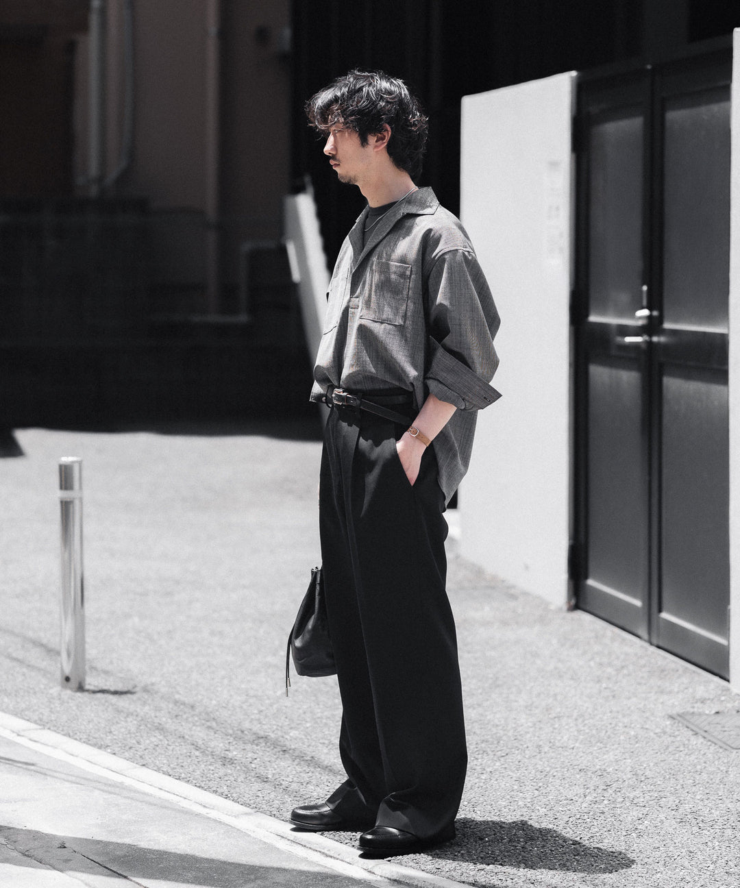 INTÉRIM - インテリムのWOOL END-ON-END SUITING DEADSTOCK FABRIC SKIPPER SHIRTのBLACK公式通販サイトsession福岡セレクトショップ