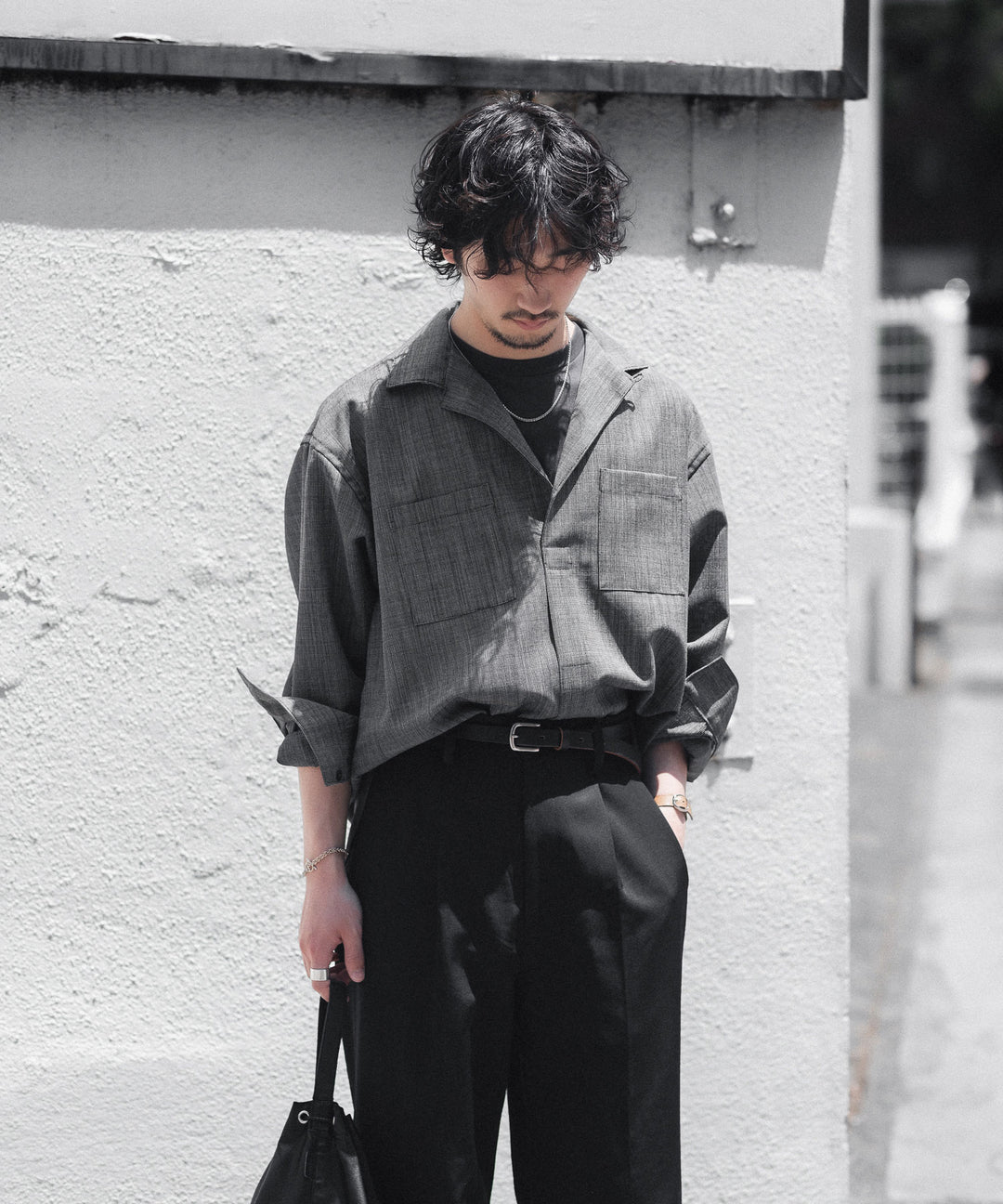 INTÉRIM - インテリムのWOOL END-ON-END SUITING DEADSTOCK FABRIC SKIPPER SHIRTのBLACK公式通販サイトsession福岡セレクトショップ