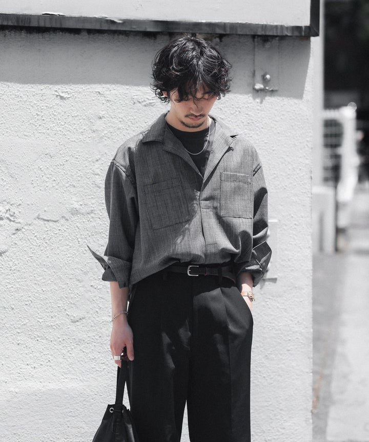 INTÉRIM - インテリムのWOOL END-ON-END SUITING DEADSTOCK FABRIC SKIPPER SHIRTのBLACK公式通販サイトsession福岡セレクトショップ