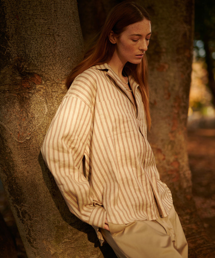 【INTÉRIM】STRIPED LINEN SKIPPER SHIRT - BEIGE STRIPE