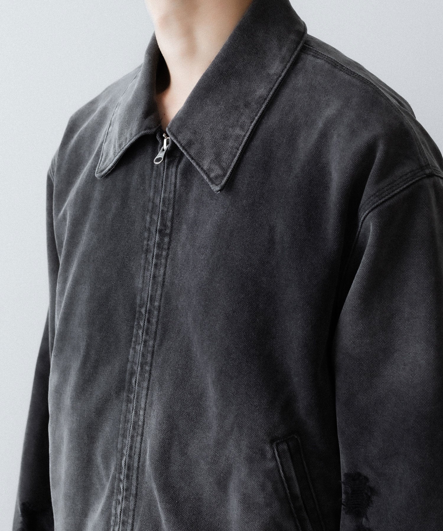 【CODA】FADED BLACK DAMAGED CANVAS CREW JACKET - BLACK