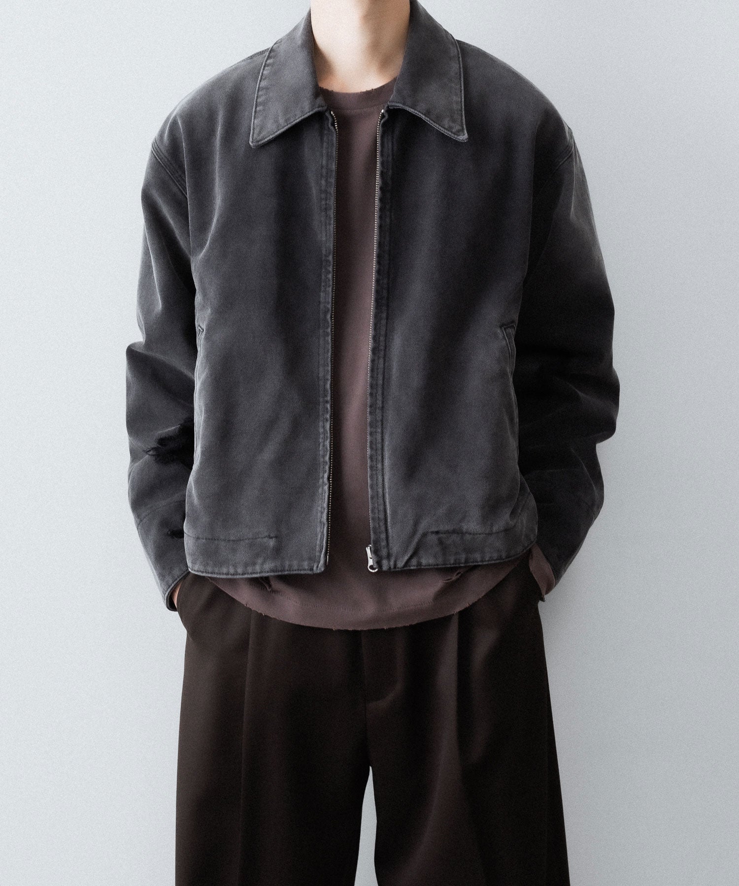 【CODA】FADED BLACK DAMAGED CANVAS CREW JACKET - BLACK
