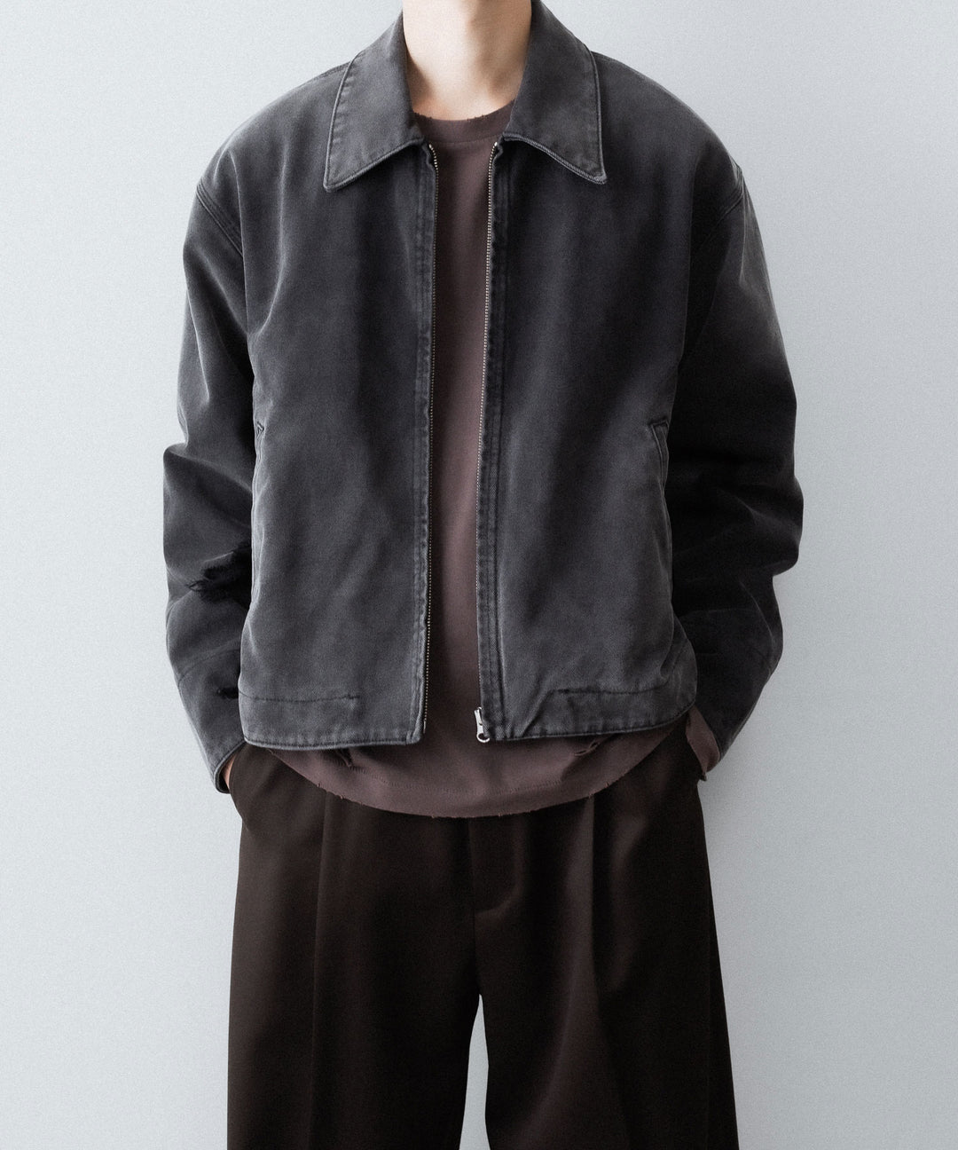 【CODA】FADED BLACK DAMAGED CANVAS CREW JACKET - BLACK