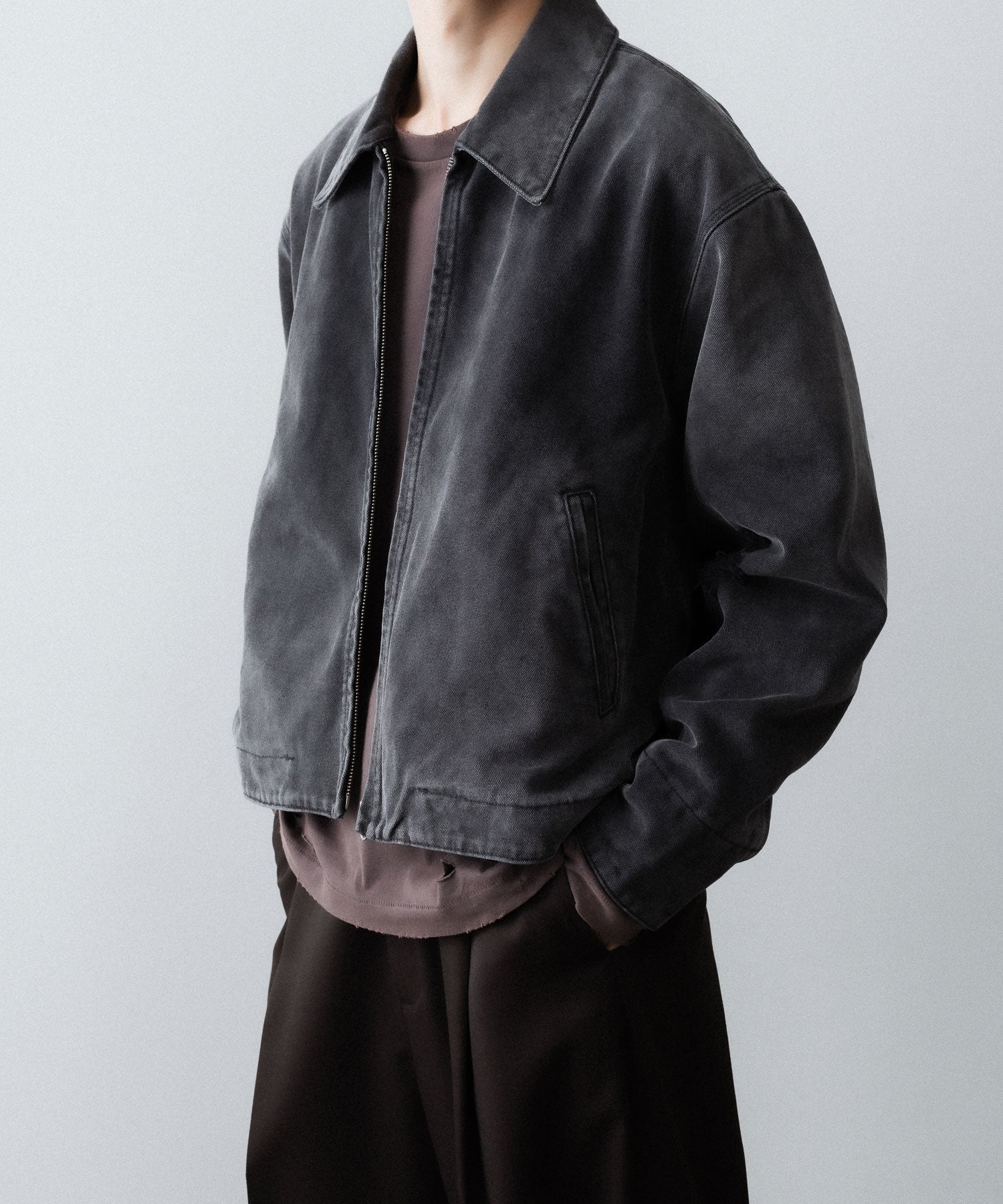 【CODA】FADED BLACK DAMAGED CANVAS CREW JACKET - BLACK