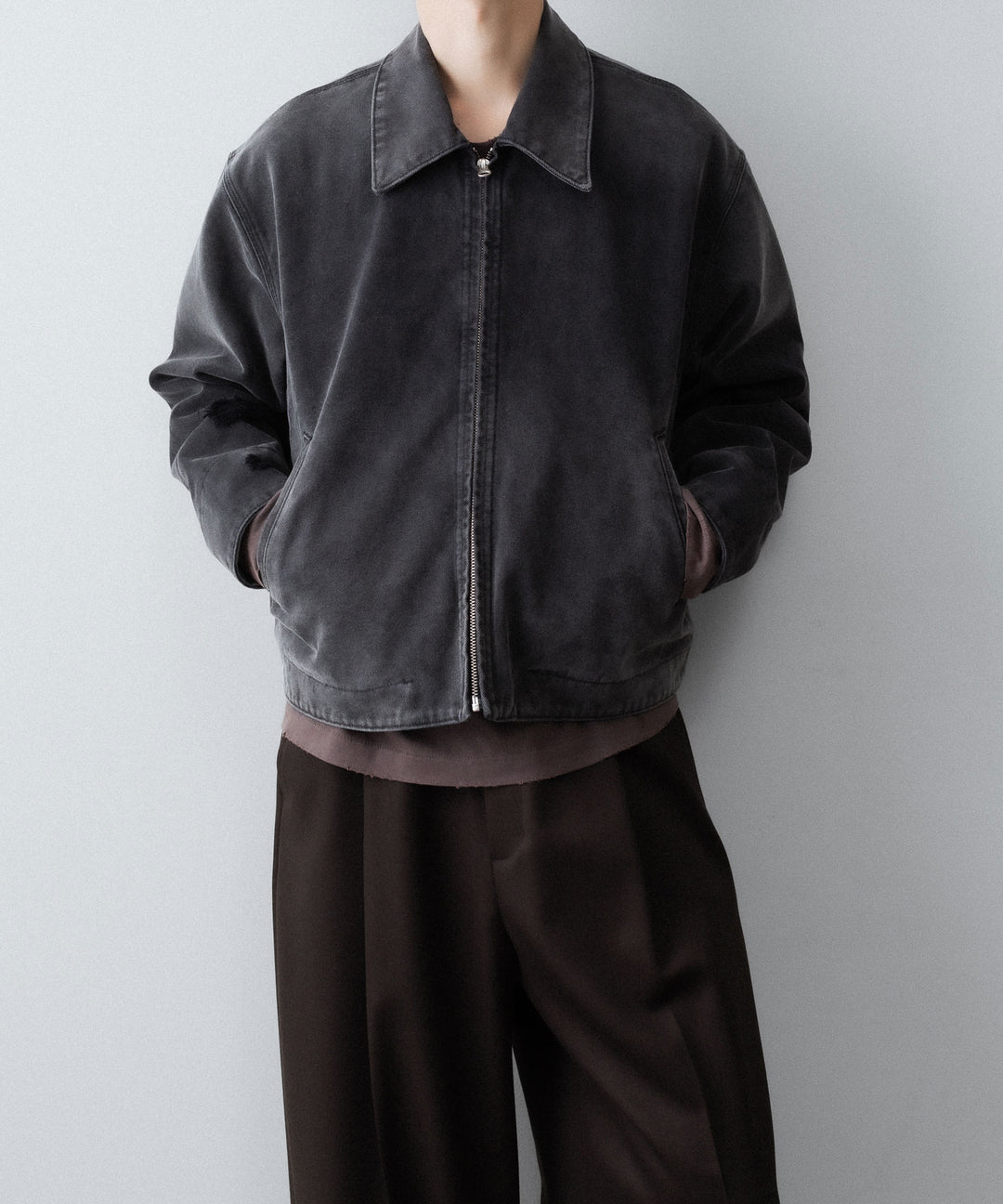 【CODA】FADED BLACK DAMAGED CANVAS CREW JACKET - BLACK