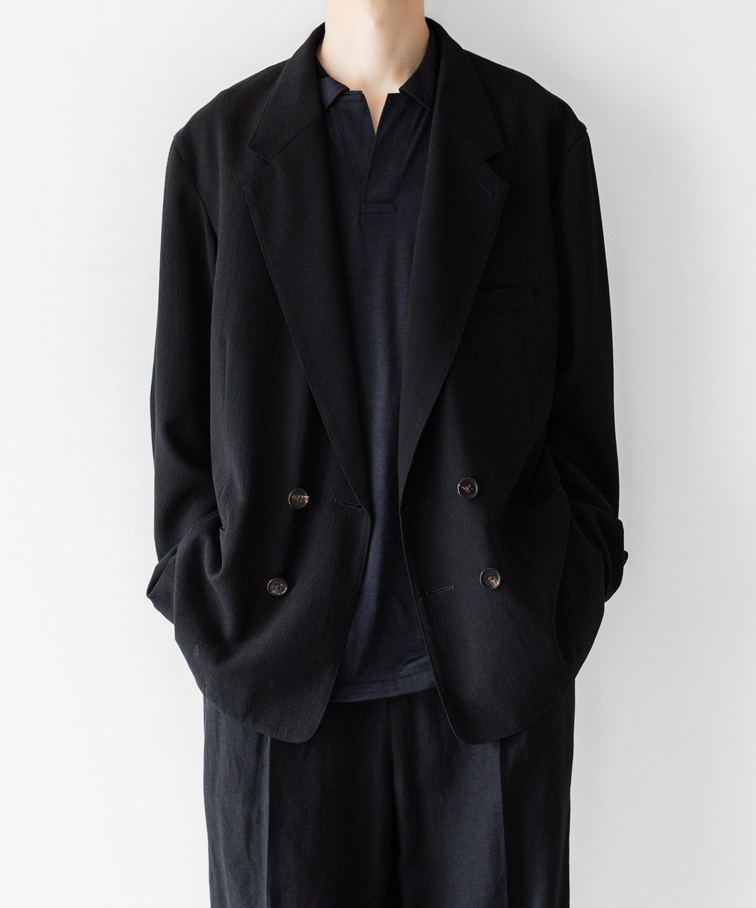INTÉRIM - インテリムのWOOL CREPE SABLE VOILE DEADSTOCK FABRIC PIPING DOUBLE JACKETのBLACK公式通販サイトsession福岡セレクトショップ