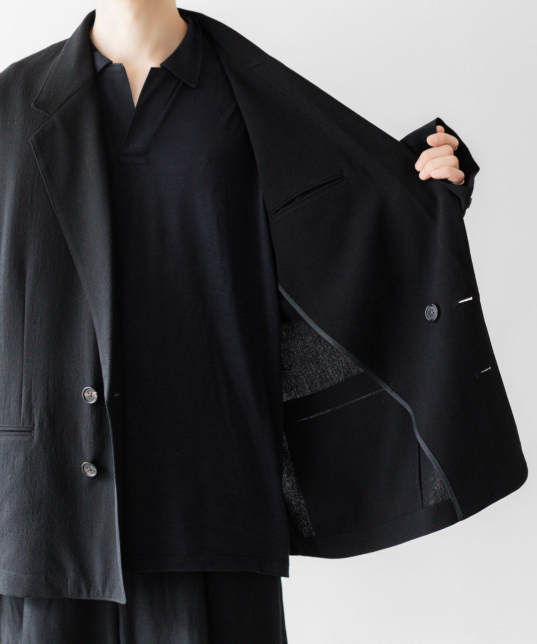 【INTÉRIM】WOOL CREPE SABLE VOILE DEADSTOCK FABRIC PIPING DOUBLE JACKET - BLACK