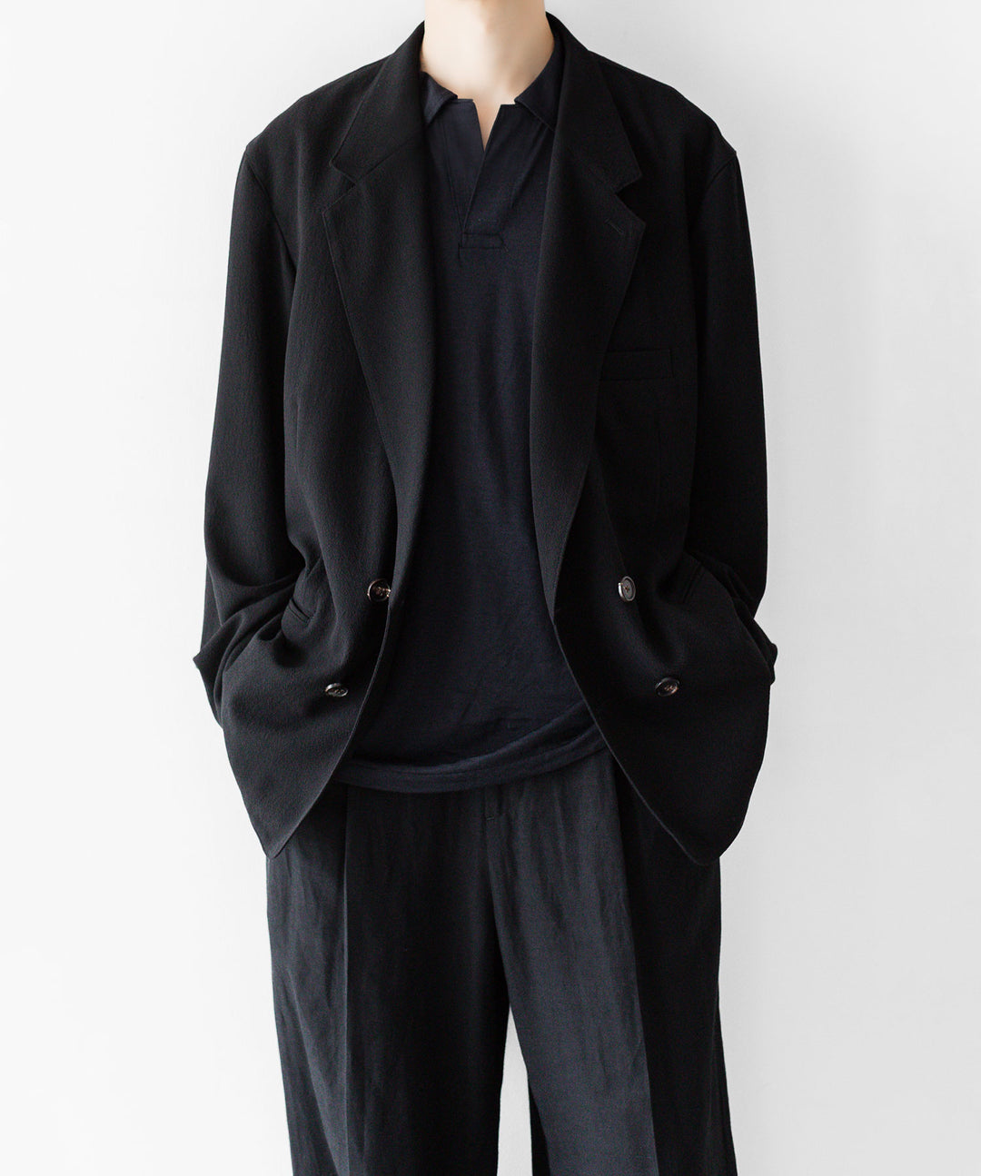 【INTÉRIM】WOOL CREPE SABLE VOILE DEADSTOCK FABRIC PIPING DOUBLE JACKET - BLACK
