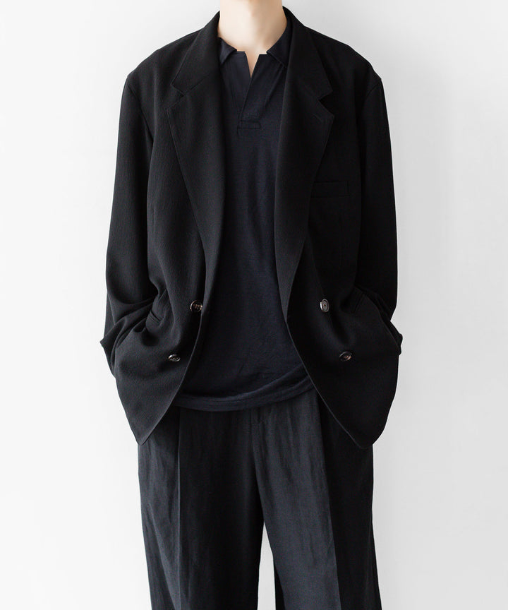 【INTÉRIM】WOOL CREPE SABLE VOILE DEADSTOCK FABRIC PIPING DOUBLE JACKET - BLACK