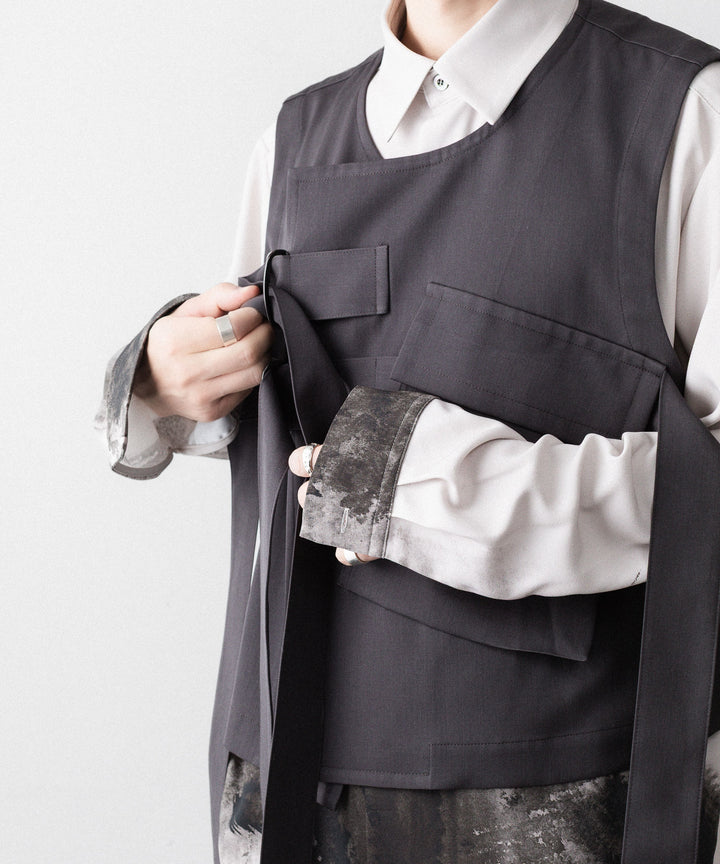 【UJOH】BIG POCKET W BELTED VEST - STEEL GRAY