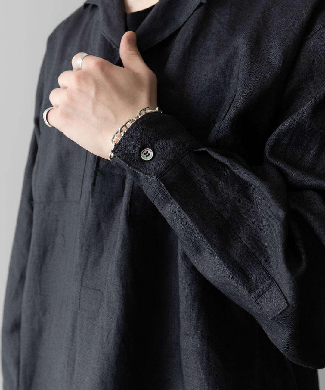 【INTÉRIM】    LINEN CANVAS SKIPPER SHIRT - BLACK