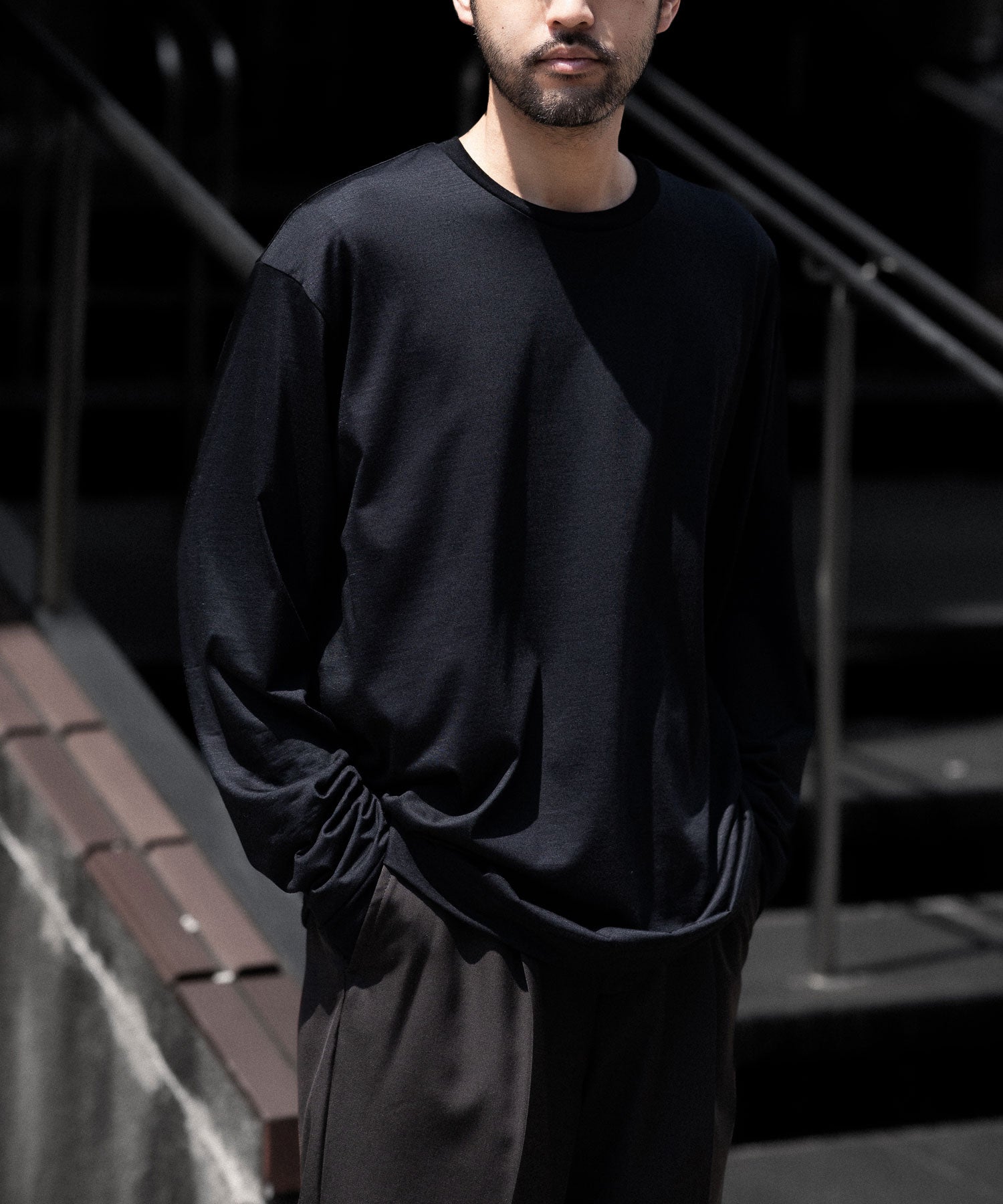 【KANEMASA PHIL.】36G WOOL L/S TEE - BLACK
