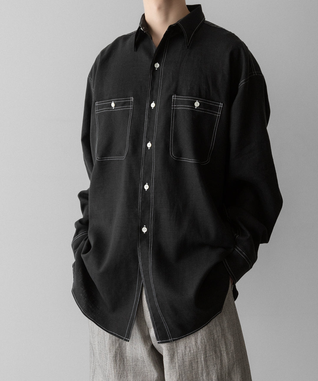 INTÉRIM(インテリム)のHYPER BIG LINEN OXFORD MILITARY WORK SHIRT - BLACK 公式通販サイトsession福岡セレクトショップ