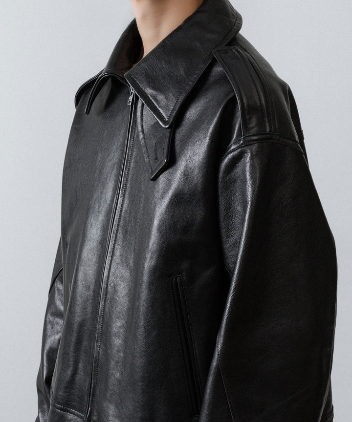 【ANTHEM A】LAMB LEATHER MILITARY BLOUSON - BLACK