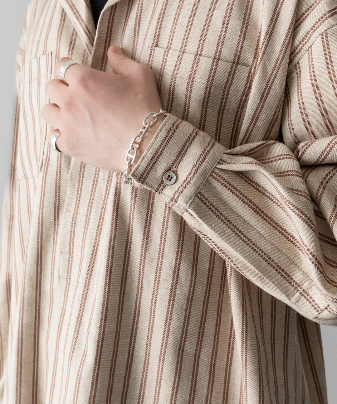 【INTÉRIM】STRIPED LINEN SKIPPER SHIRT - BEIGE STRIPE