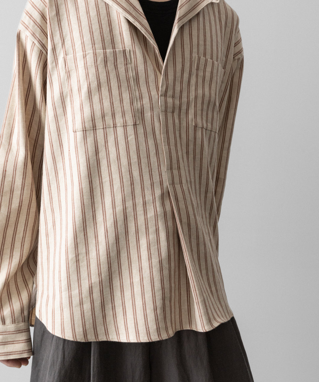 【INTÉRIM】STRIPED LINEN SKIPPER SHIRT - BEIGE STRIPE
