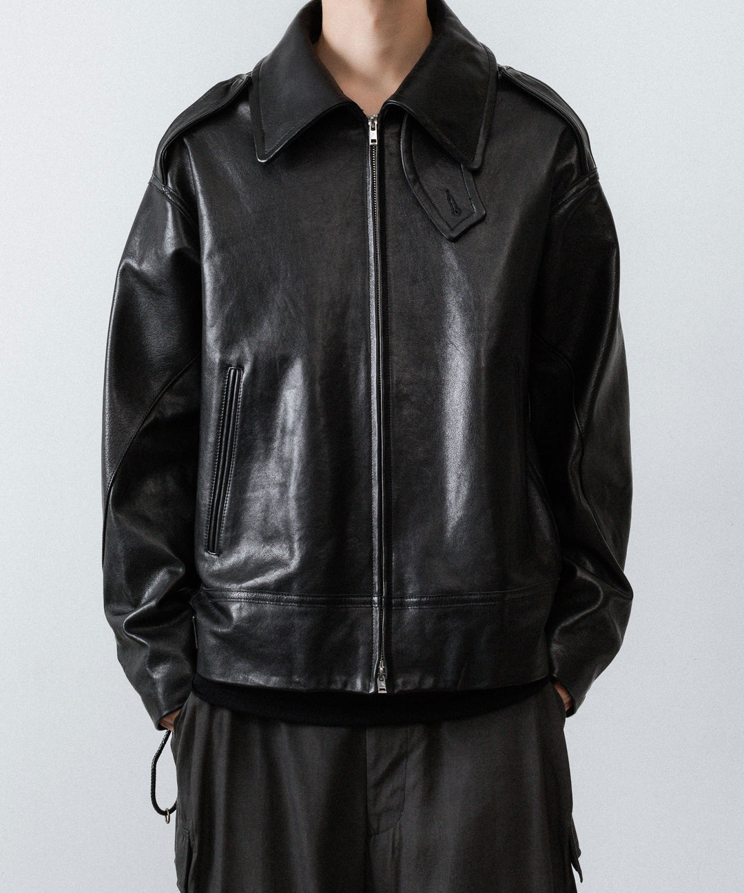 【ANTHEM A】LAMB LEATHER MILITARY BLOUSON - BLACK