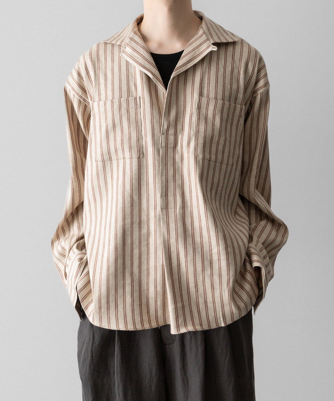 【INTÉRIM】STRIPED LINEN SKIPPER SHIRT - BEIGE STRIPE