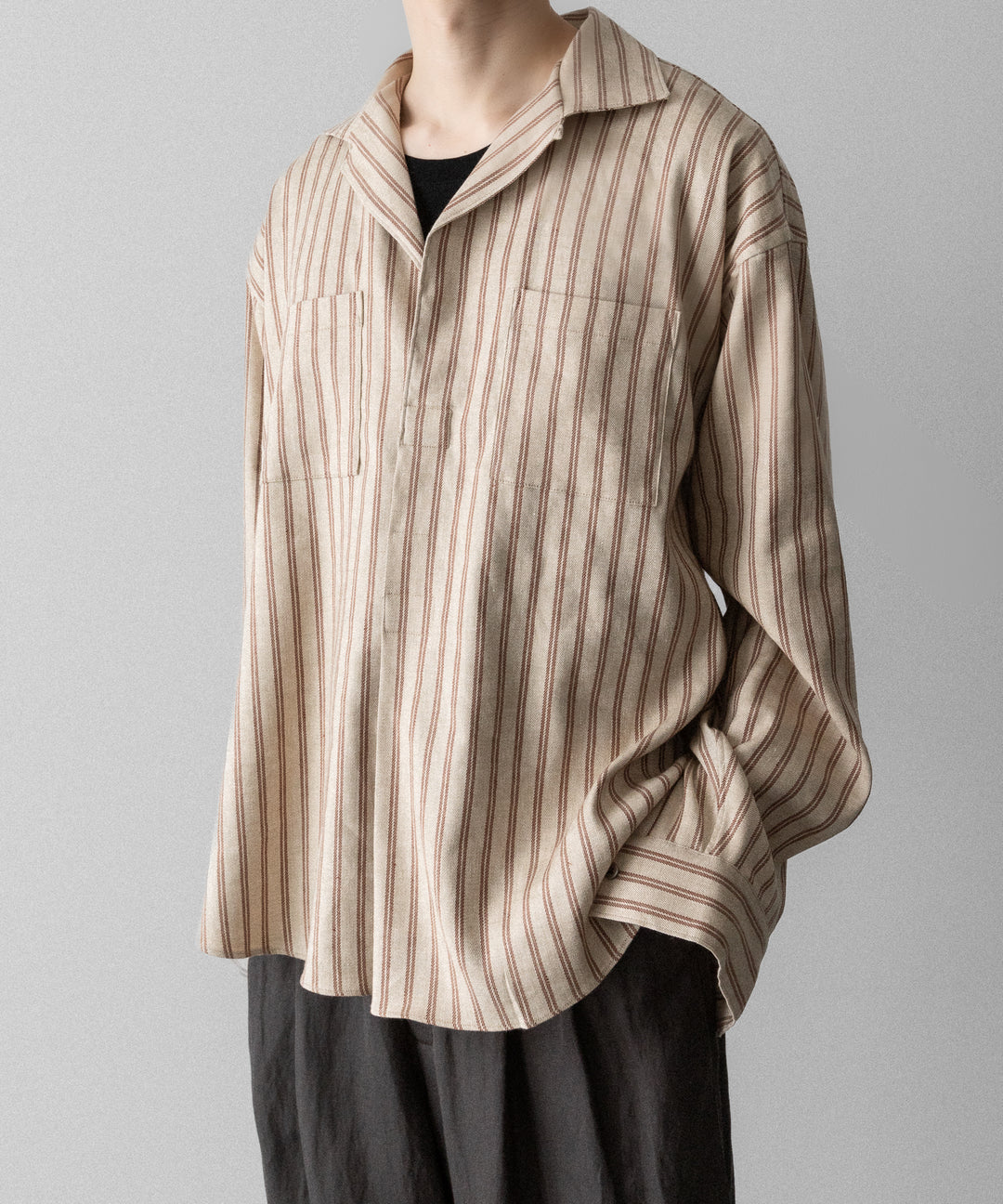 【INTÉRIM】STRIPED LINEN SKIPPER SHIRT - BEIGE STRIPE