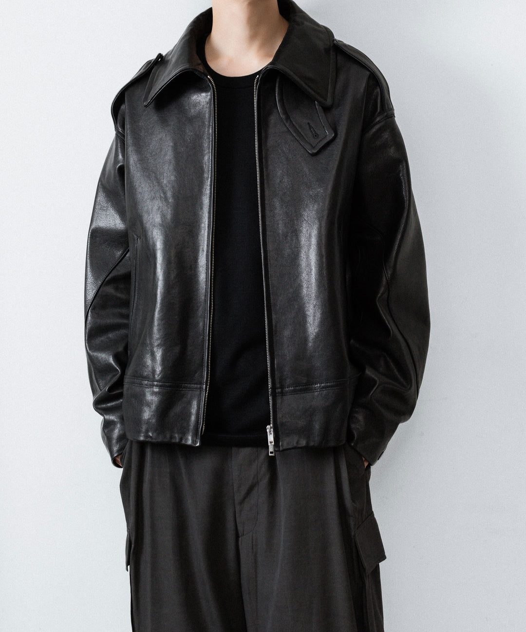 【ANTHEM A】LAMB LEATHER MILITARY BLOUSON - BLACK