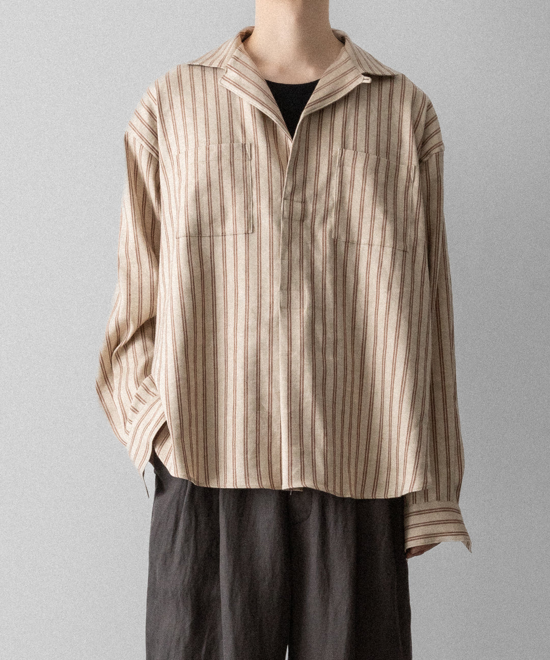 【INTÉRIM】STRIPED LINEN SKIPPER SHIRT - BEIGE STRIPE