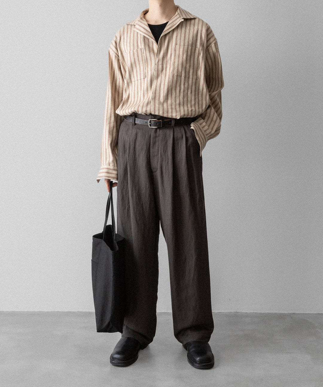【INTÉRIM】STRIPED LINEN SKIPPER SHIRT - BEIGE STRIPE