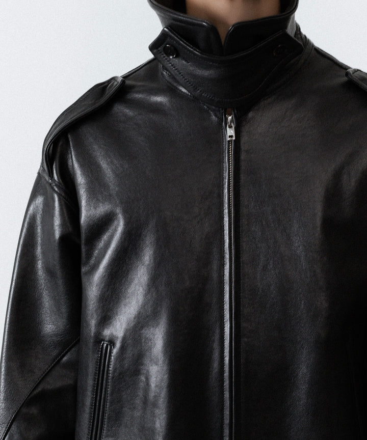 【ANTHEM A】LAMB LEATHER MILITARY BLOUSON - BLACK