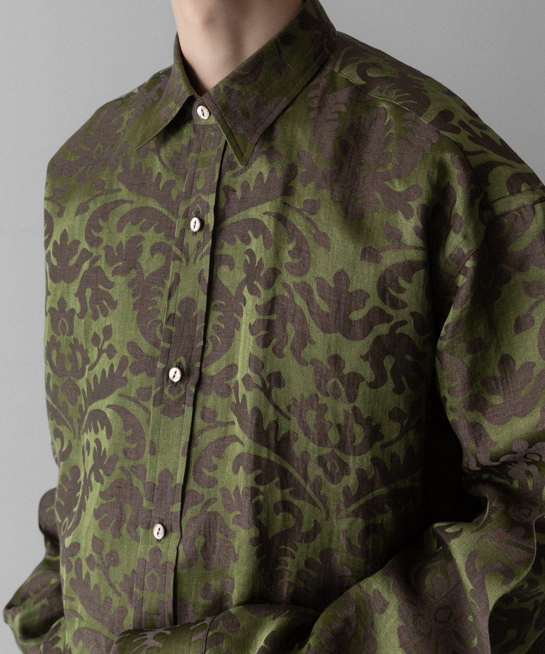 INTÉRIM(インテリム)のHYPER BIG LINEN SILK JACQUARD POCKETLESS DRESS WESTERN SHIRT - CHIVE JQ公式通販サイトsession福岡セレクトショップ