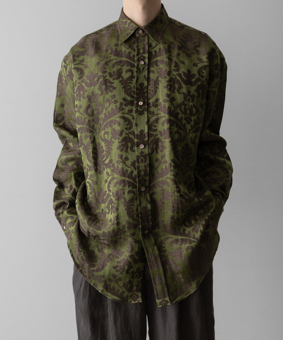 INTÉRIM(インテリム)のHYPER BIG LINEN SILK JACQUARD POCKETLESS DRESS WESTERN SHIRT - CHIVE JQ公式通販サイトsession福岡セレクトショップ