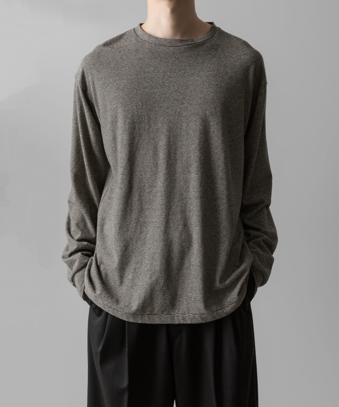 【INTÉRIM】COTTON HEMP BORDER LONG TEE - BLACK