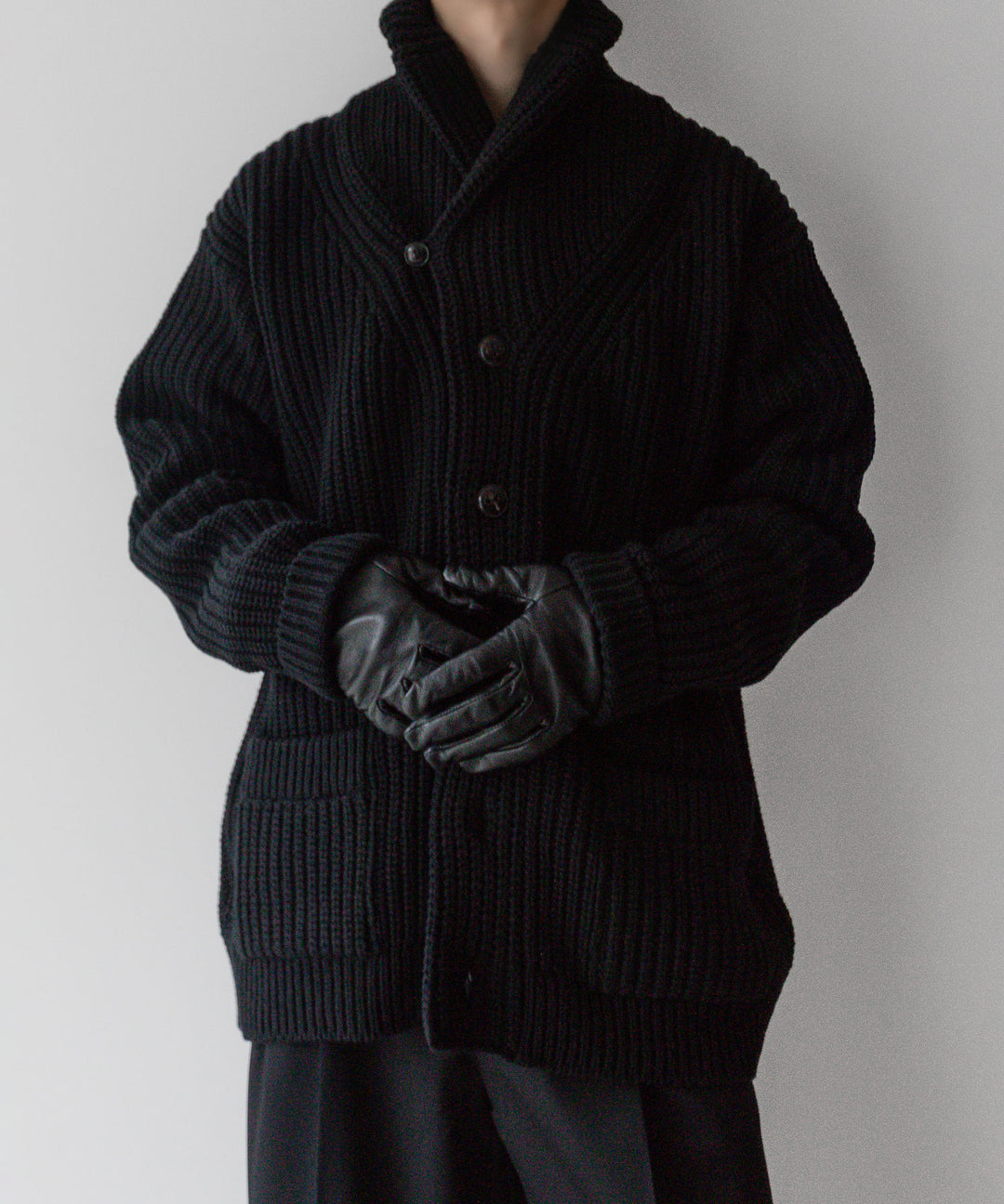 【INTÉRIM】HYPER BIG 30s 3GG HEAVY SHAWL COLLAR CARDIGAN - BLACK