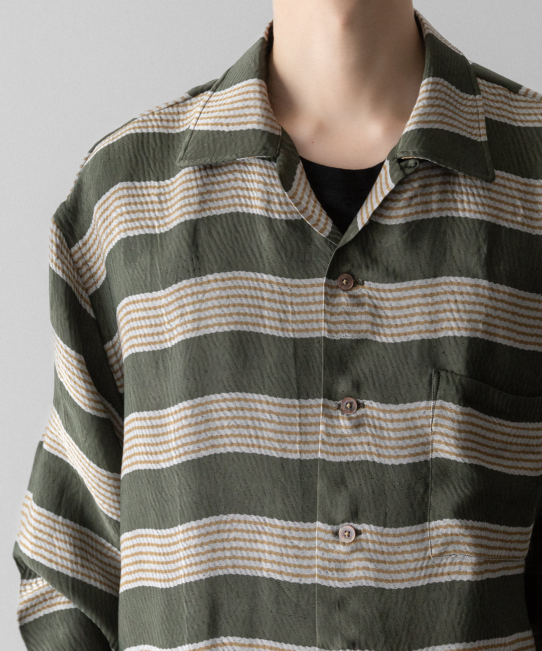 INTÉRIM(インテリム)のHYPER BIG VISCOSE STRIPE 60s OPEN COLLAR SHIRT - GREEN STRIPE公式通販サイトsession福岡セレクトショップ