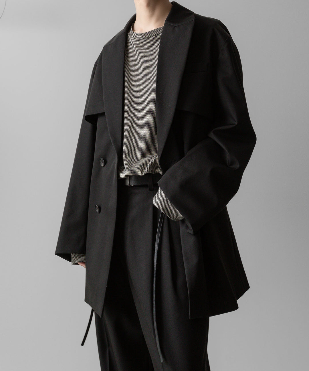 【INTÉRIM】COTTON HEMP BORDER LONG TEE - BLACK