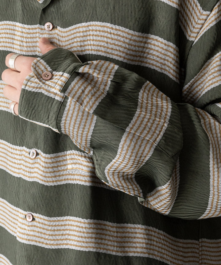 INTÉRIM(インテリム)のHYPER BIG VISCOSE STRIPE 60s OPEN COLLAR SHIRT - GREEN STRIPE公式通販サイトsession福岡セレクトショップ