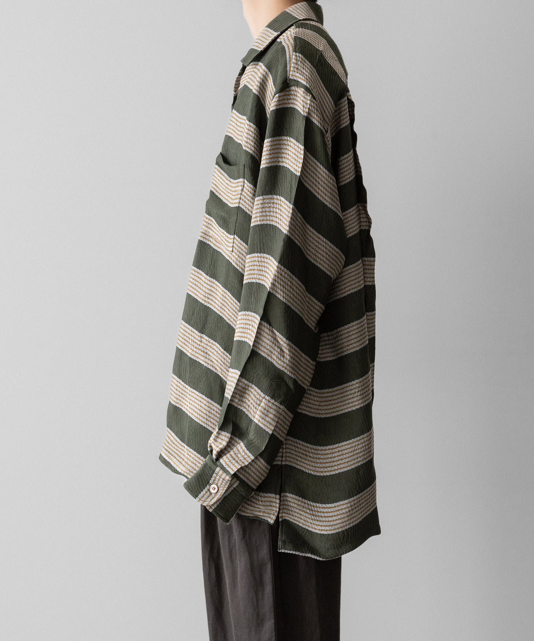 INTÉRIM(インテリム)のHYPER BIG VISCOSE STRIPE 60s OPEN COLLAR SHIRT - GREEN STRIPE公式通販サイトsession福岡セレクトショップ