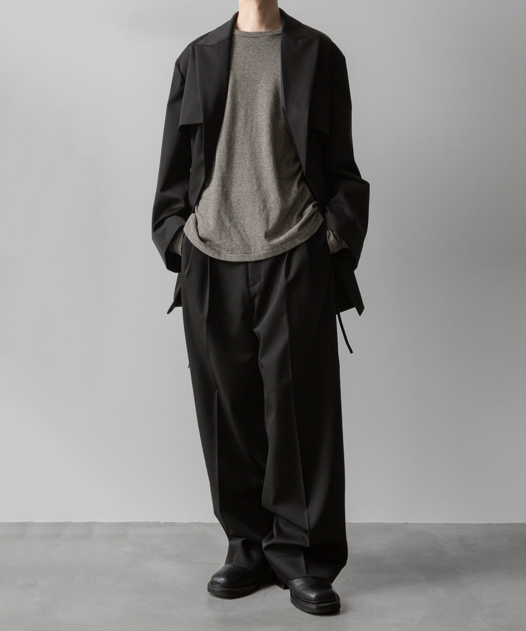 【INTÉRIM】COTTON HEMP BORDER LONG TEE - BLACK