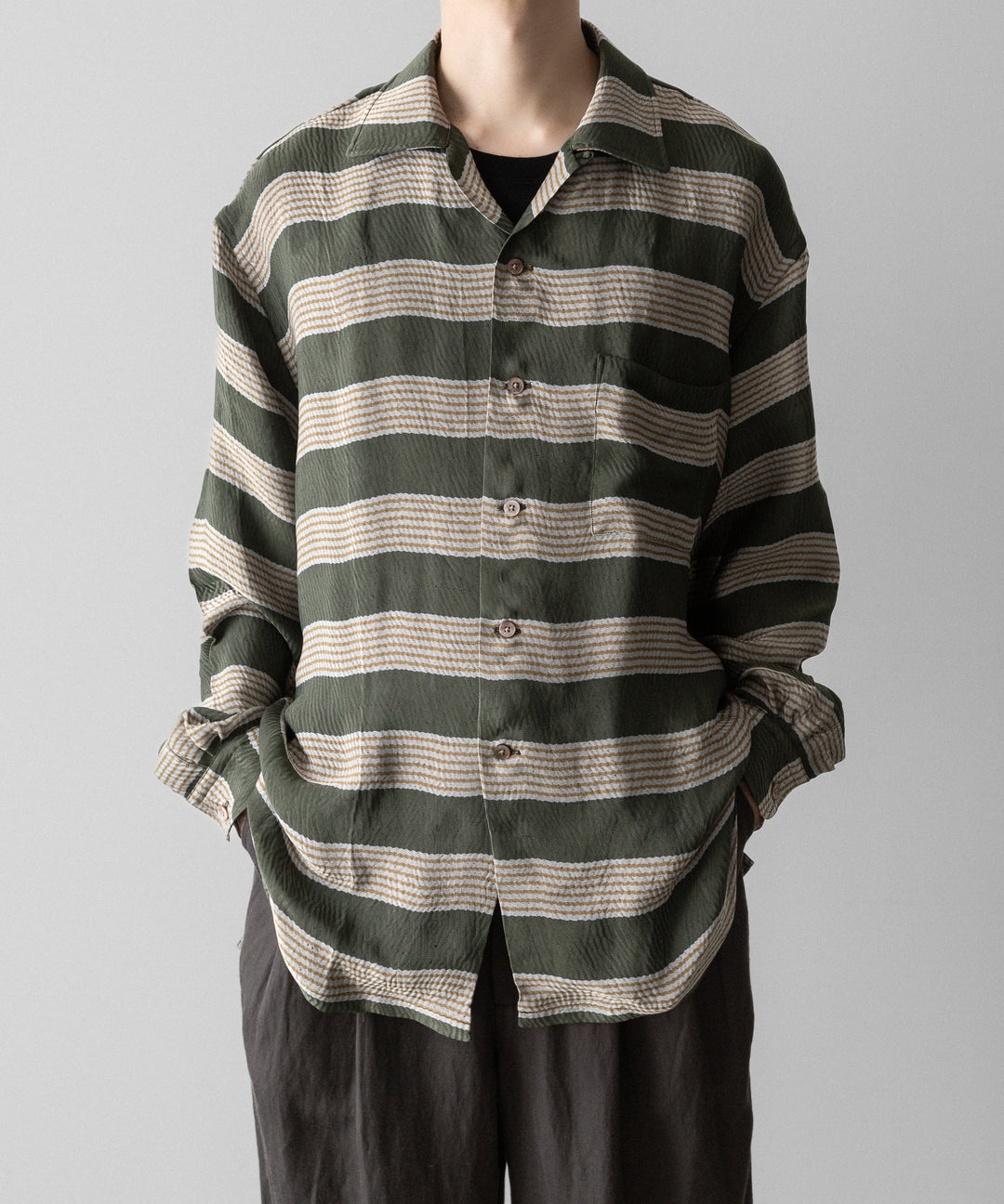 INTÉRIM(インテリム)のHYPER BIG VISCOSE STRIPE 60s OPEN COLLAR SHIRT - GREEN STRIPE公式通販サイトsession福岡セレクトショップ