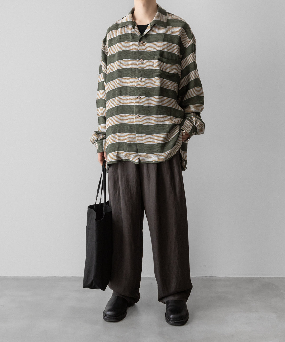INTÉRIM(インテリム)のHYPER BIG VISCOSE STRIPE 60s OPEN COLLAR SHIRT - GREEN STRIPE公式通販サイトsession福岡セレクトショップ