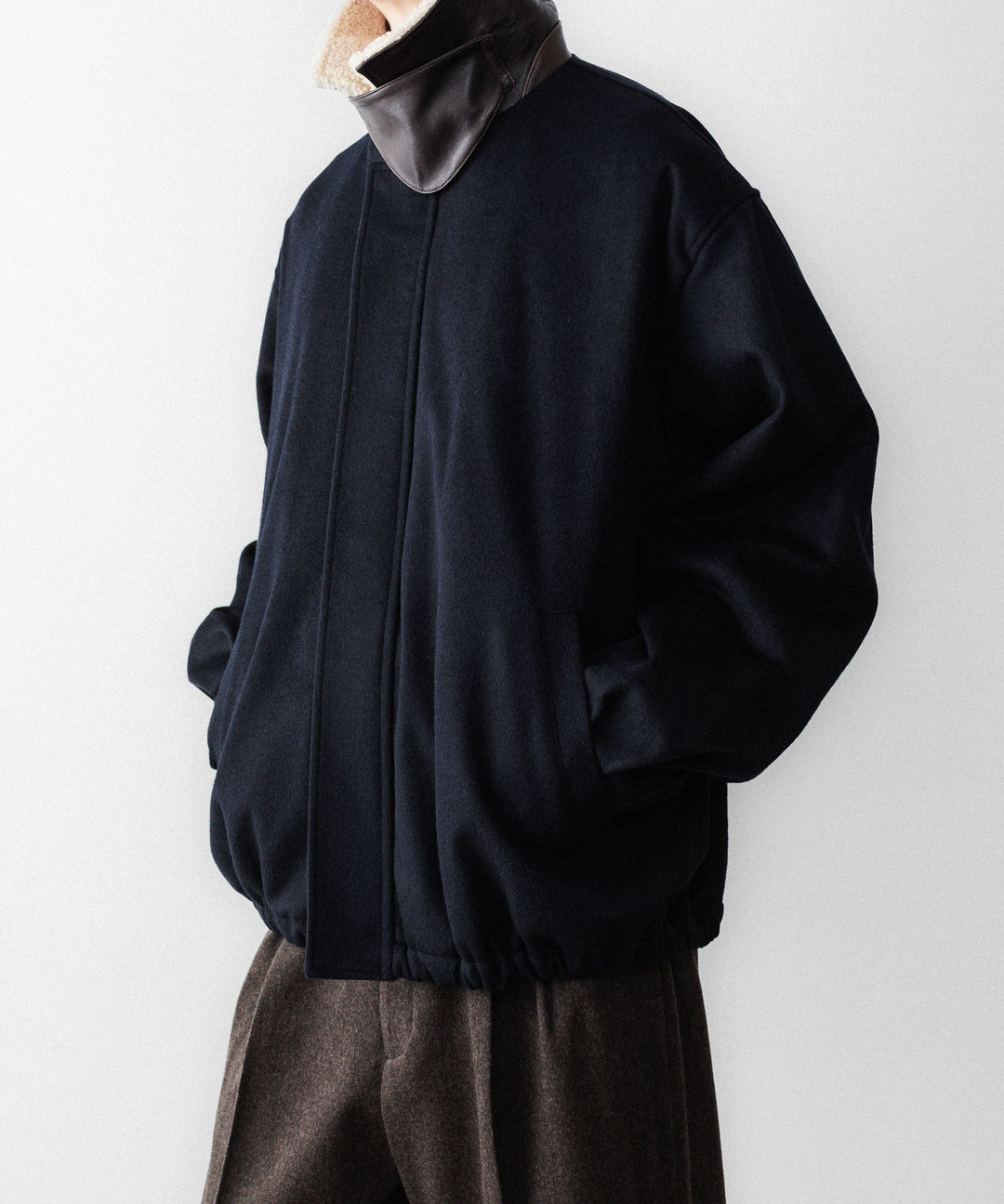 【ssstein】MOUTON COLLAR WOOL CASHMERE PADDED JACKET - DARK NAVY