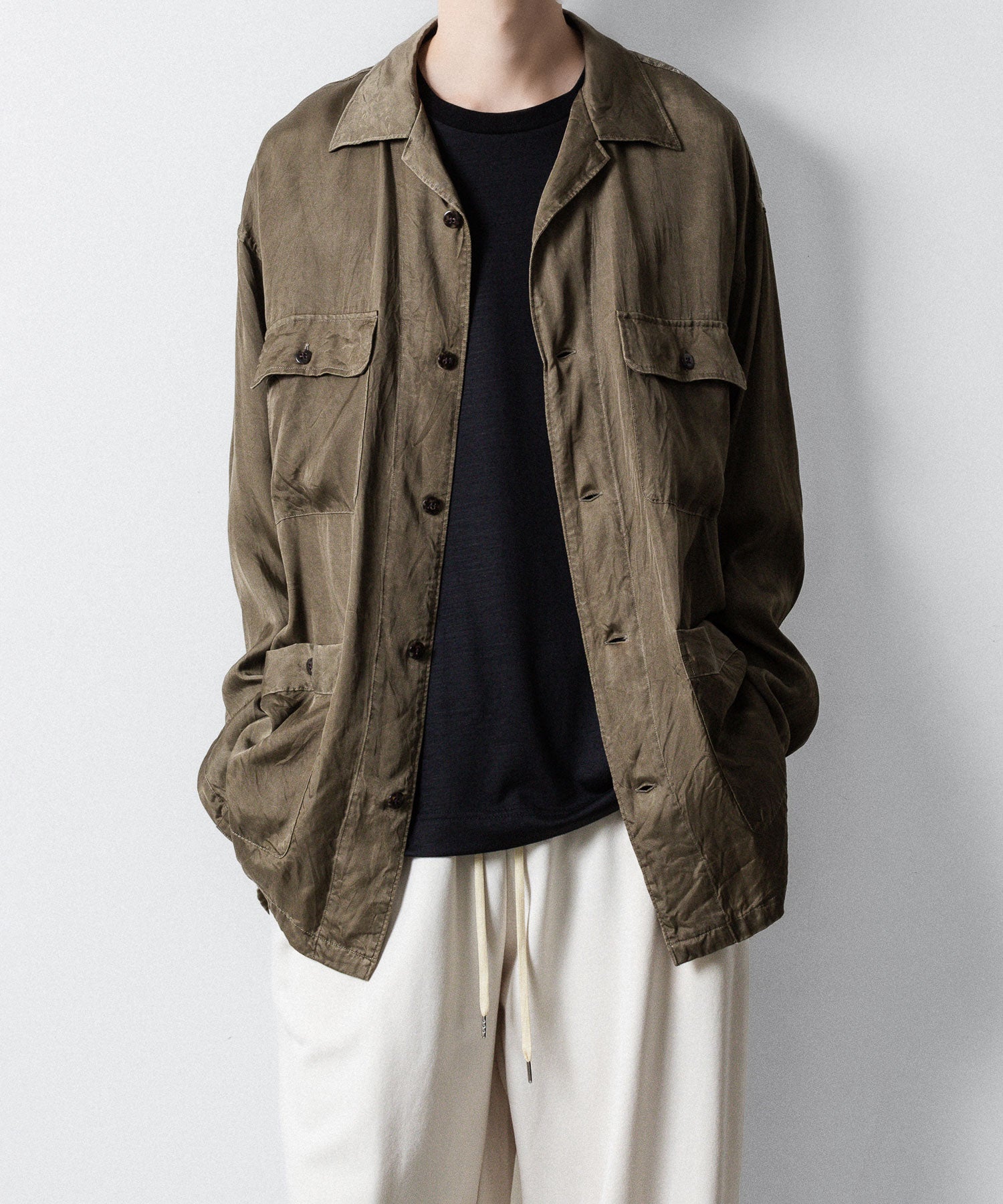 ANTHEM A-アンセムエーのPIGMENT CUPRO OPEN COLLAR SHIRTのKHAKI 公式通販サイトsession福岡セレクトショップ