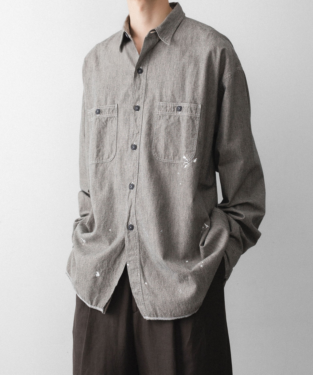 INTÉRIM - インテリムのMILK PAINT VINTAGE WASH BLACK SHUTTLE CHAMBRAY HYPER BIG US NAVY WORK SHIRT TYPE2のGRAY公式通販サイトsession福岡セレクトショップ