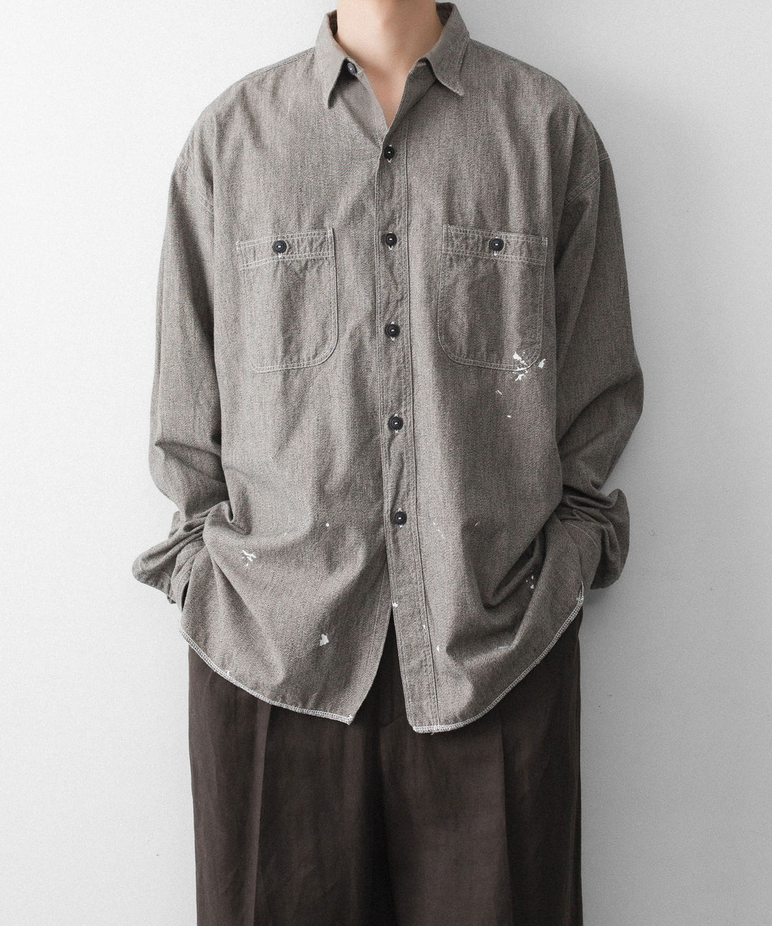INTÉRIM - インテリムのMILK PAINT VINTAGE WASH BLACK SHUTTLE CHAMBRAY HYPER BIG US NAVY WORK SHIRT TYPE2のGRAY公式通販サイトsession福岡セレクトショップ