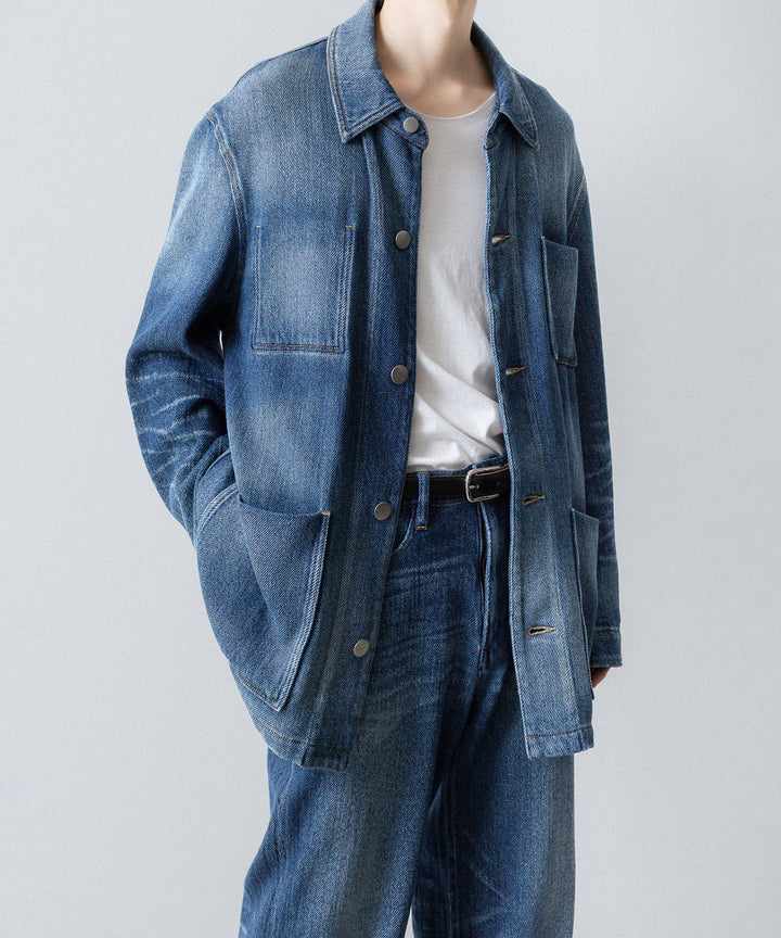 VEIN ヴェインのSATIN DENIM COVERALLS JKT - NAVYの公式通販サイトsession福岡セレクトショップ