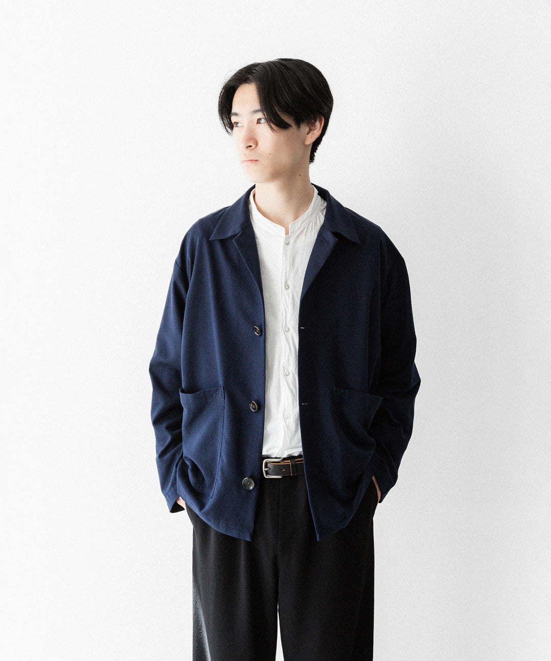 INTÉRIM - インテリムのSILK NOIL OPEN COLLAR OVER SHIRT JACKETのDEEP BLUE公式通販サイトsession福岡セレクトショップ
