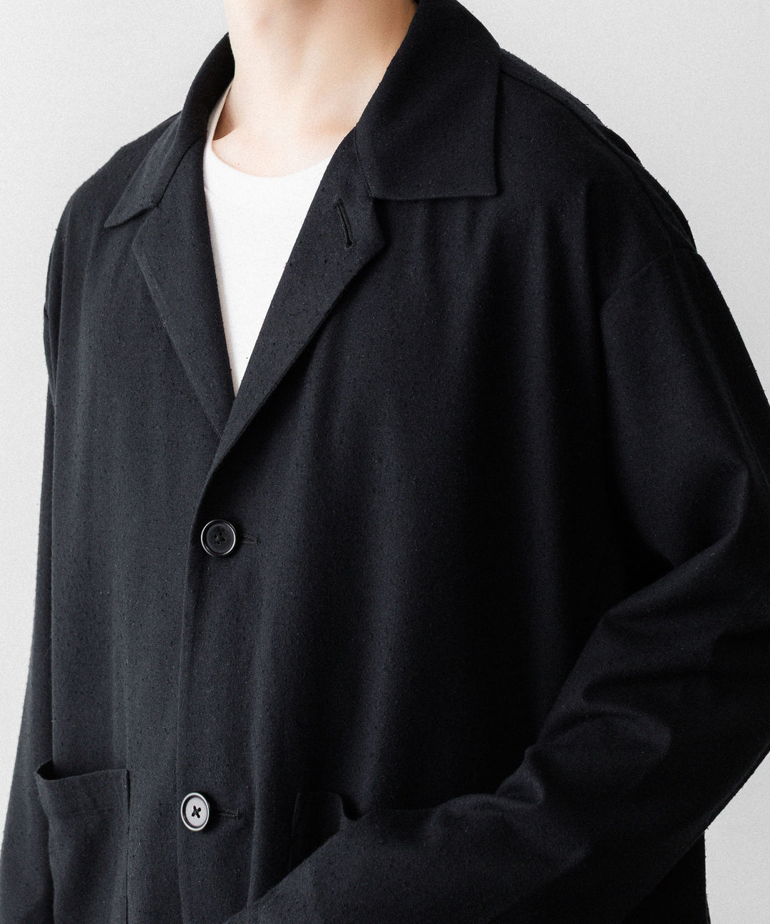 INTÉRIM - インテリムのSILK NOIL OPEN COLLAR OVER SHIRT JACKETのBLACK公式通販サイトsession福岡セレクトショップ