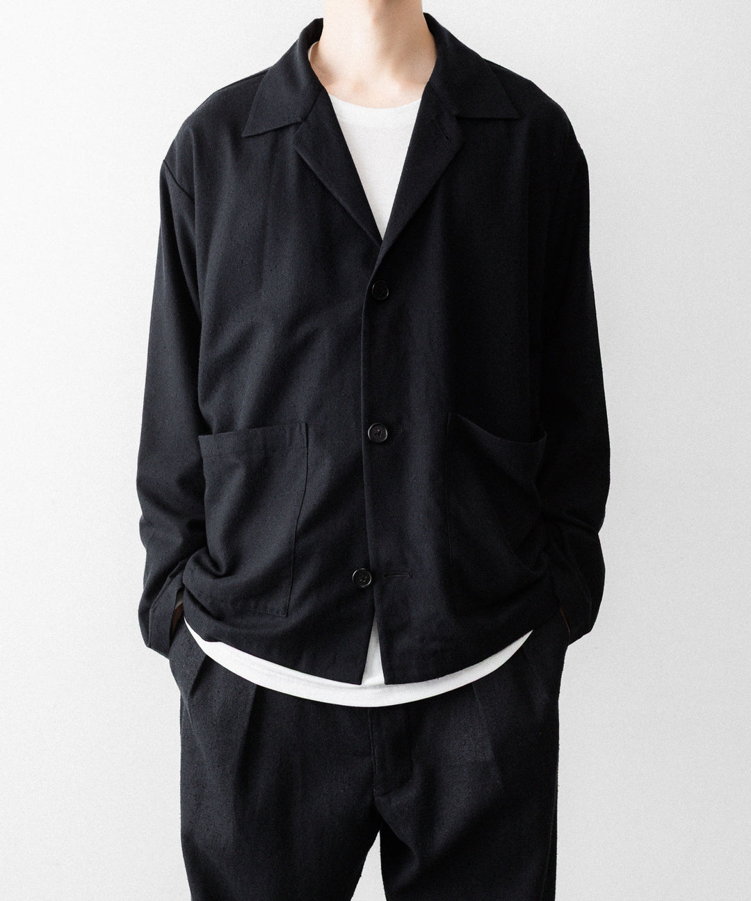 INTÉRIM - インテリムのSILK NOIL OPEN COLLAR OVER SHIRT JACKETのBLACK公式通販サイトsession福岡セレクトショップ