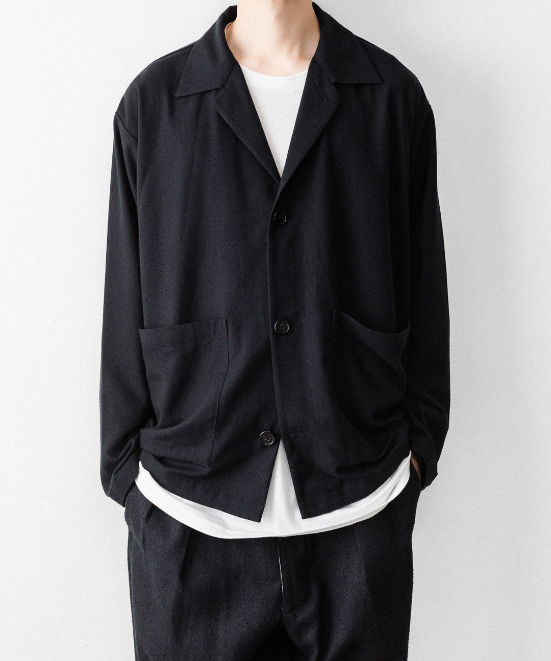 INTÉRIM - インテリムのSILK NOIL OPEN COLLAR OVER SHIRT JACKETのBLACK公式通販サイトsession福岡セレクトショップ